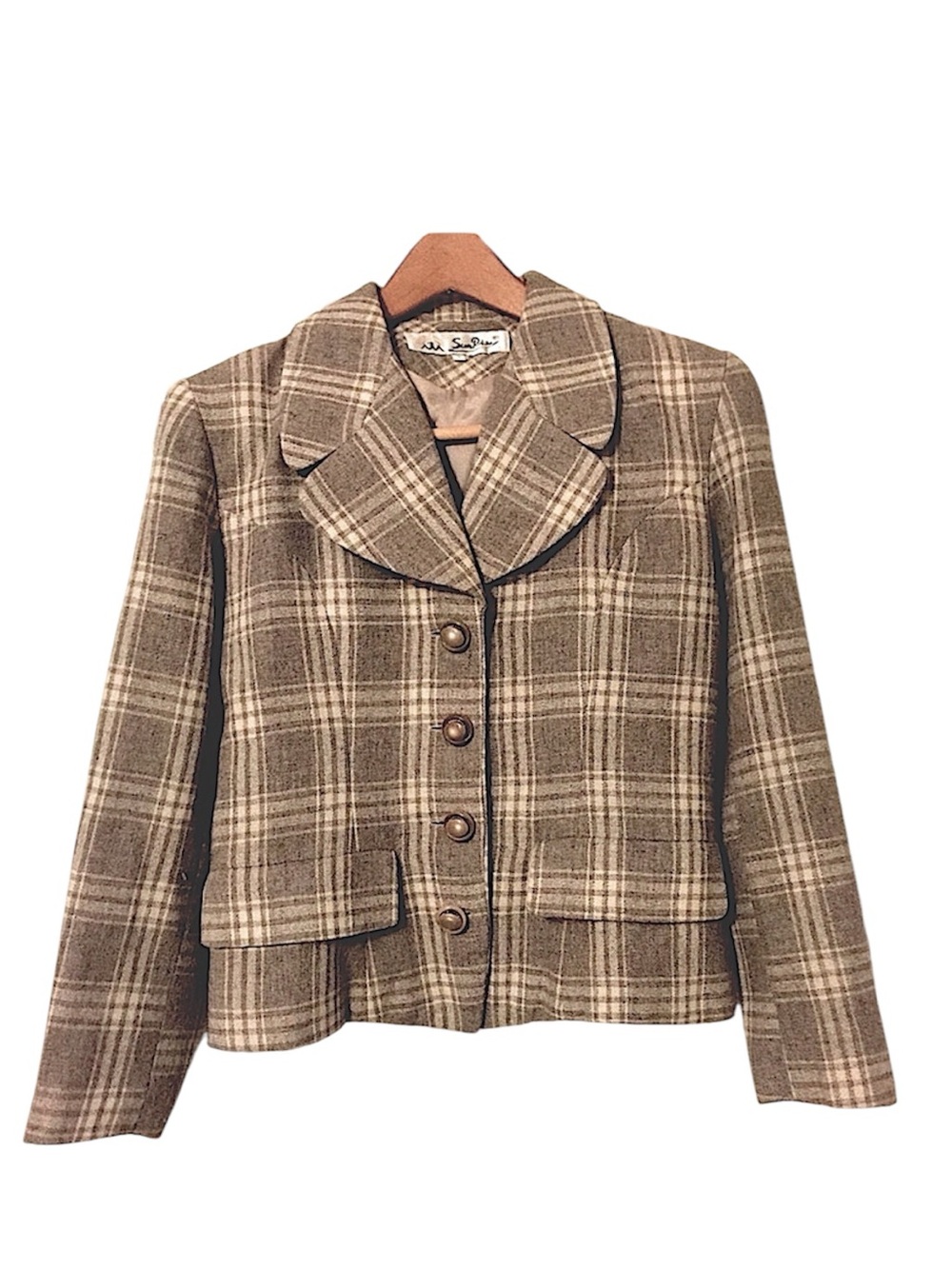 Vintage Sunrise Womens Fitted Cropped Tan Beige Plaid Fitted Blazer Jacket 7